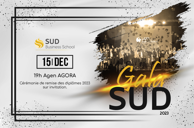 Affiche du Gala de SUD Business School qui ura lieu le 15 décembre 2023.